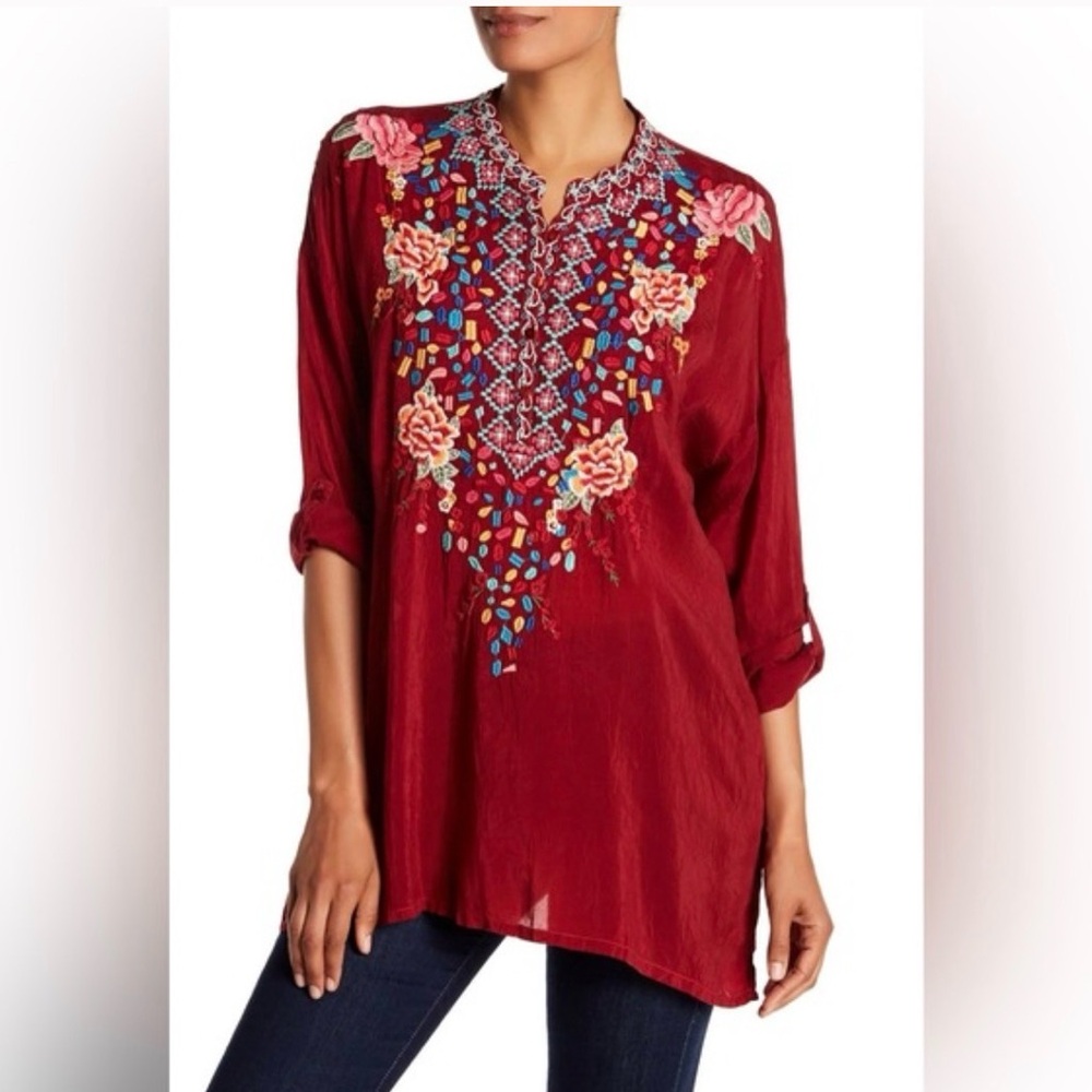 Johnny Was Beatrix Embroidered Tunic Top Blouse Port Red Boho Peasant